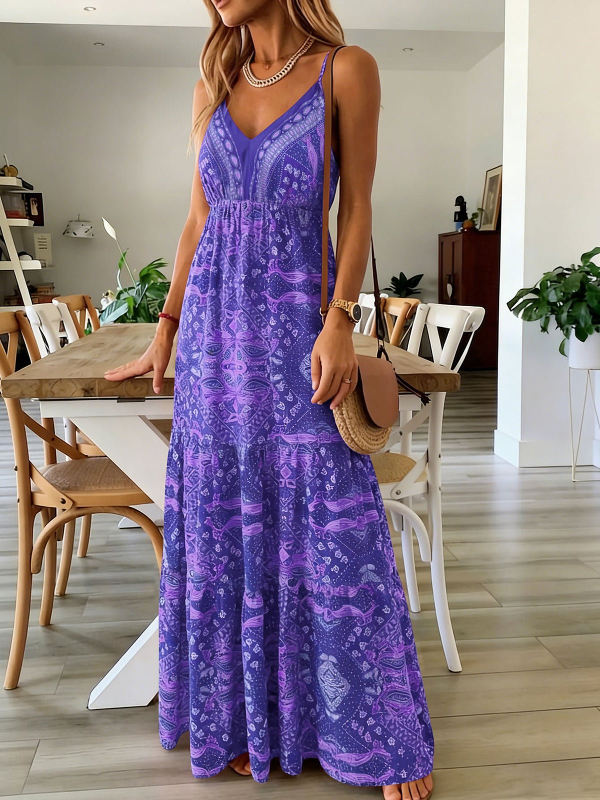 Women's Summer Boho Floral Print High-Waist V-Neck Spaghetti Strap Loose Maxi Dress