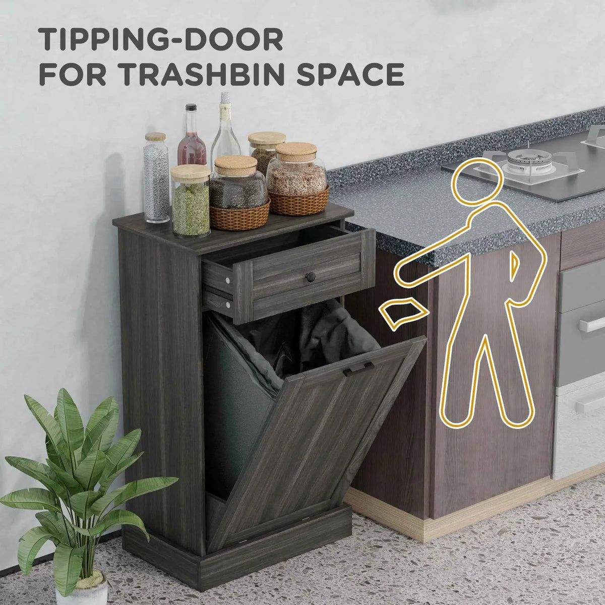 Charcoal Grey Tilt-Out Trash Bin Cabinet – Freestanding Kitchen Recycling Cabinet with Drawer (United States & Canada Delivery Only)