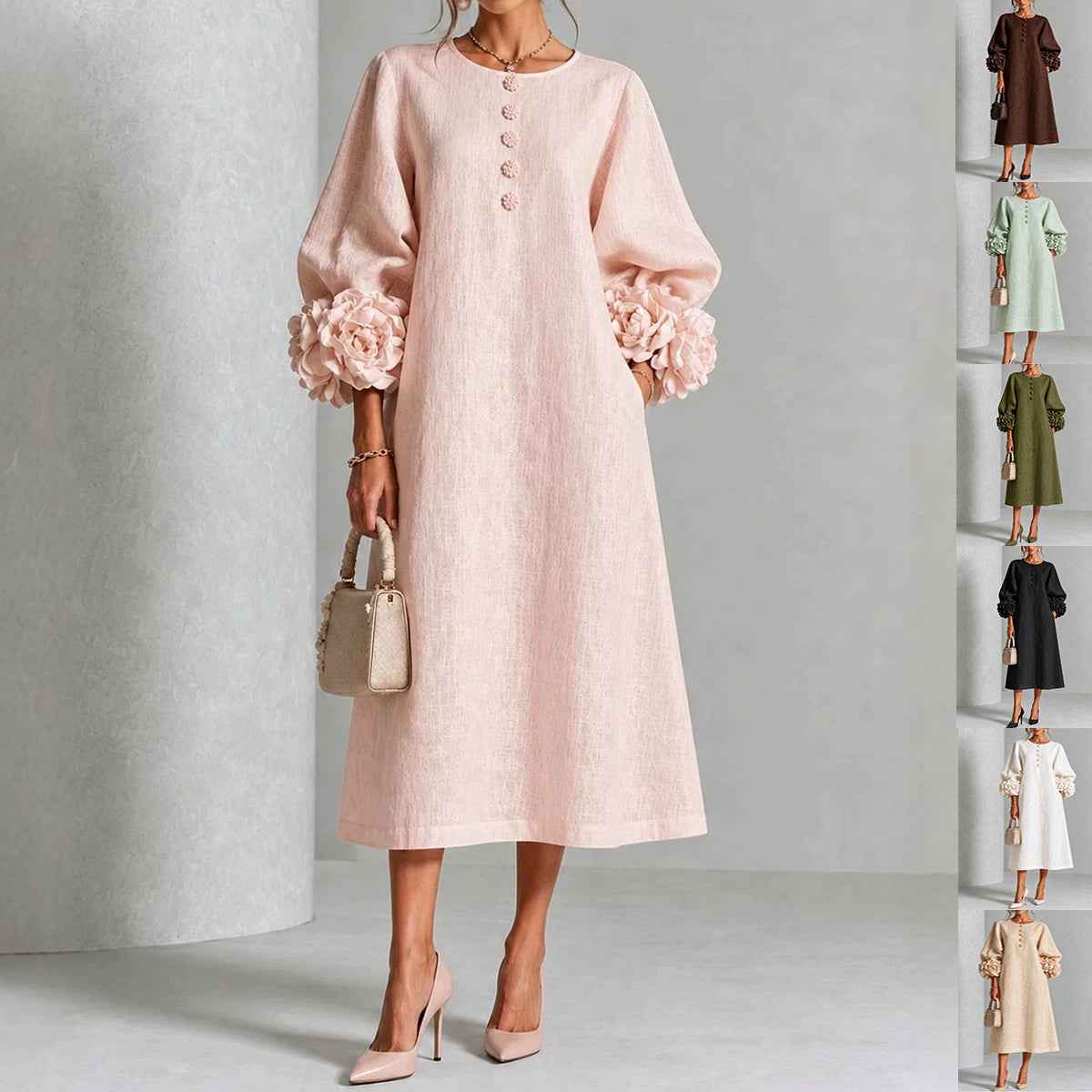 Women’s 3D Floral A-Line Dress – Puff Sleeve French-Style Party & Wedding Dress