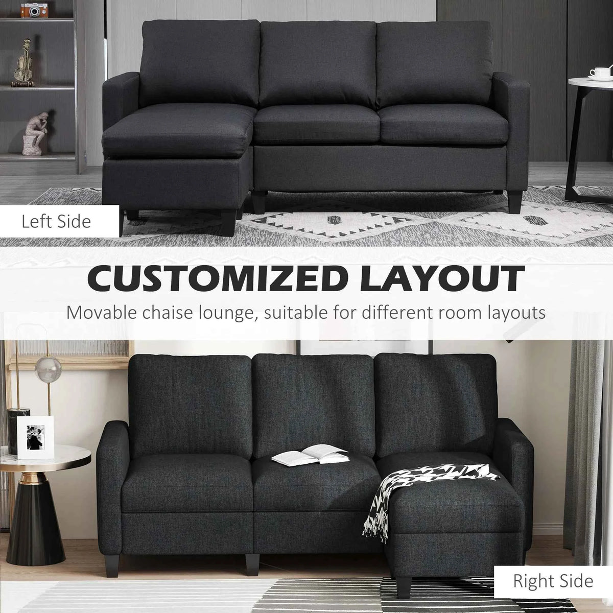 Dark Grey L-Shape Sectional Sofa with Ottoman – Modern Corner Couch for Living Room (United States & Canada Delivery Only)