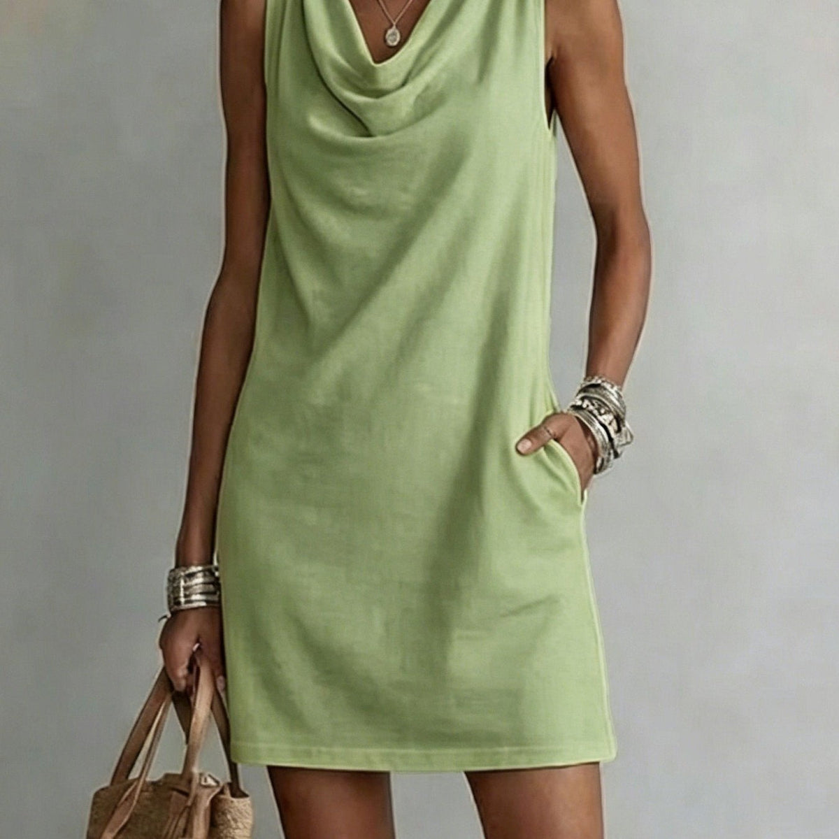 Women's Elegant Summer Dress – Draped Cowl Neck Slim Fit Midi Dress