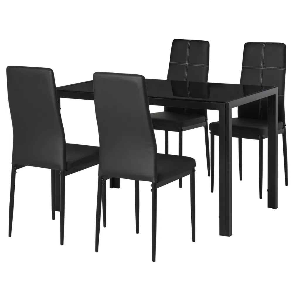 5-Piece Black Glass Dining Table Set – Rectangular Kitchen Table with 4 Faux Leather Chairs (United States & Canada Delivery Only)