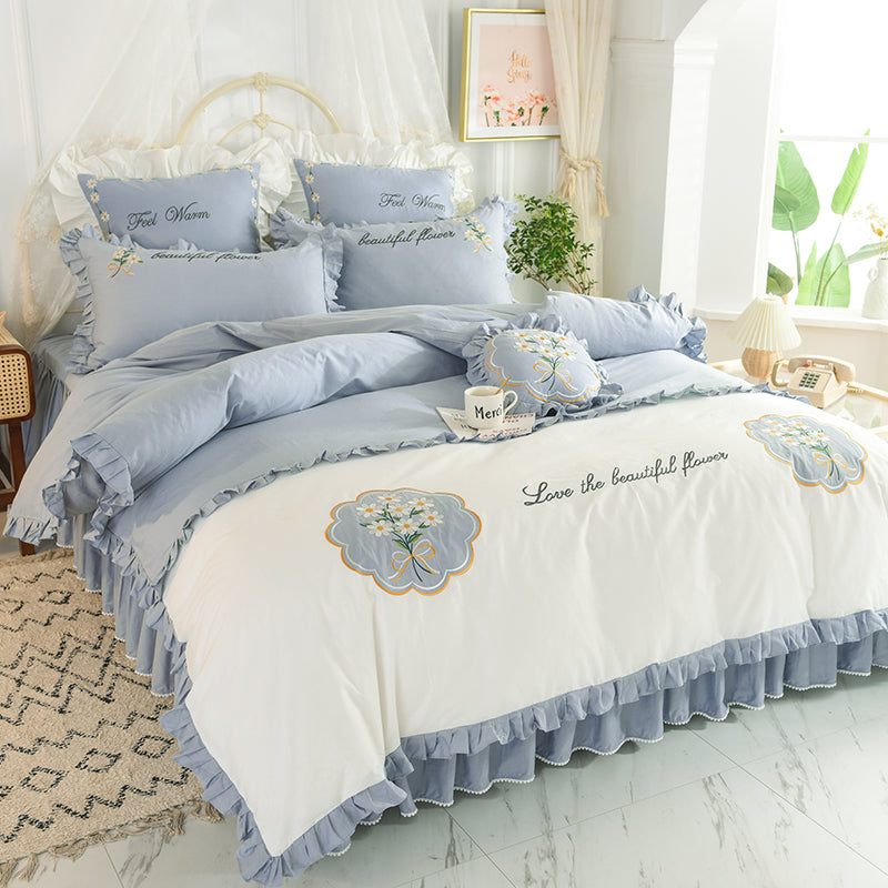 Summer Ruffled Cotton Bedding Set Embroidered Floral Bed Skirt