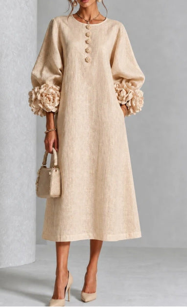 Women’s 3D Floral A-Line Dress – Puff Sleeve French-Style Party & Wedding Dress