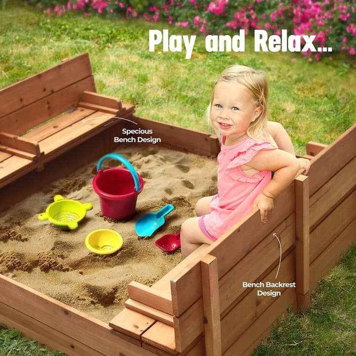 Play22 - Cedar Wood Kids Sandbox with Foldable Bench Seats - Ages 4+