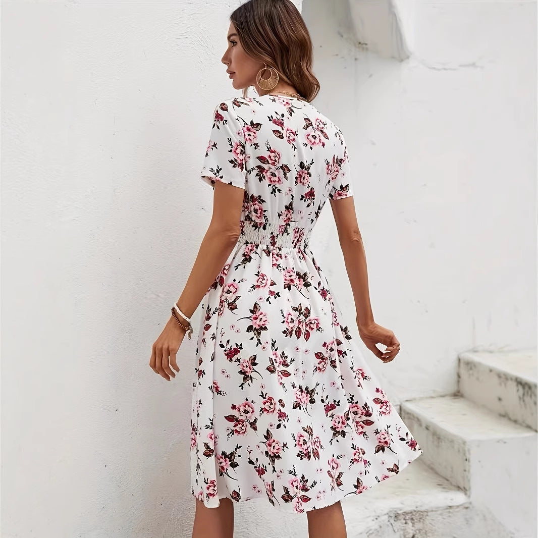 New Short Sleeve Cross Collar Dress Elastic Waist Printed Dress