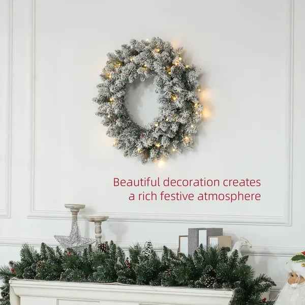24-Inch Flocked Christmas Wreath with Lights – Green Pine Cones & Berries Holiday Decor (United States & Canada Delivery Only)
