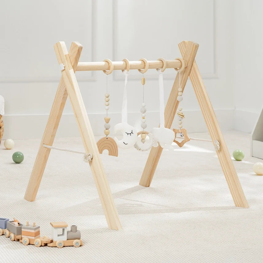 Comfy Cubs - Foldable Baby Play Gym with 5 Hanging Toys - Natural Wood - Ages 0–12 Months