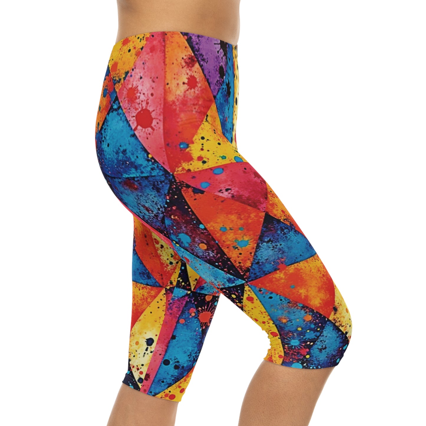 Colorful Geometric Splash Capri Leggings — Vibrant Triangle All-Over Print