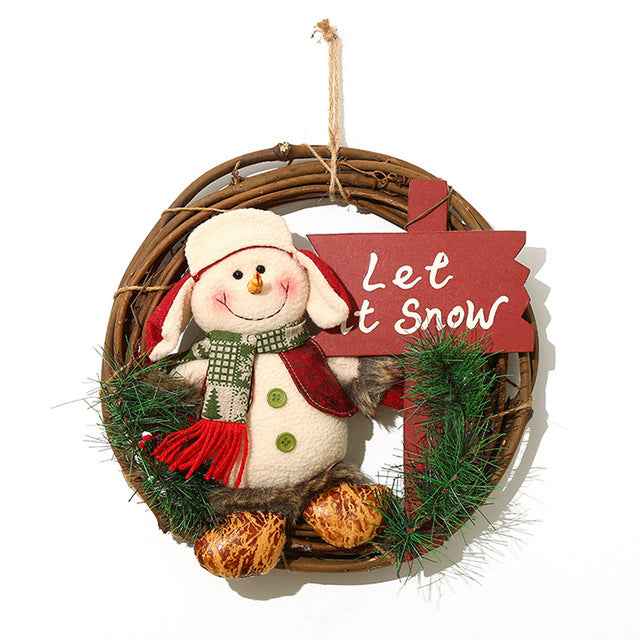 Christmas Wreath with Plush Doll - Rustic Rattan Holiday Door Hanging Decoration