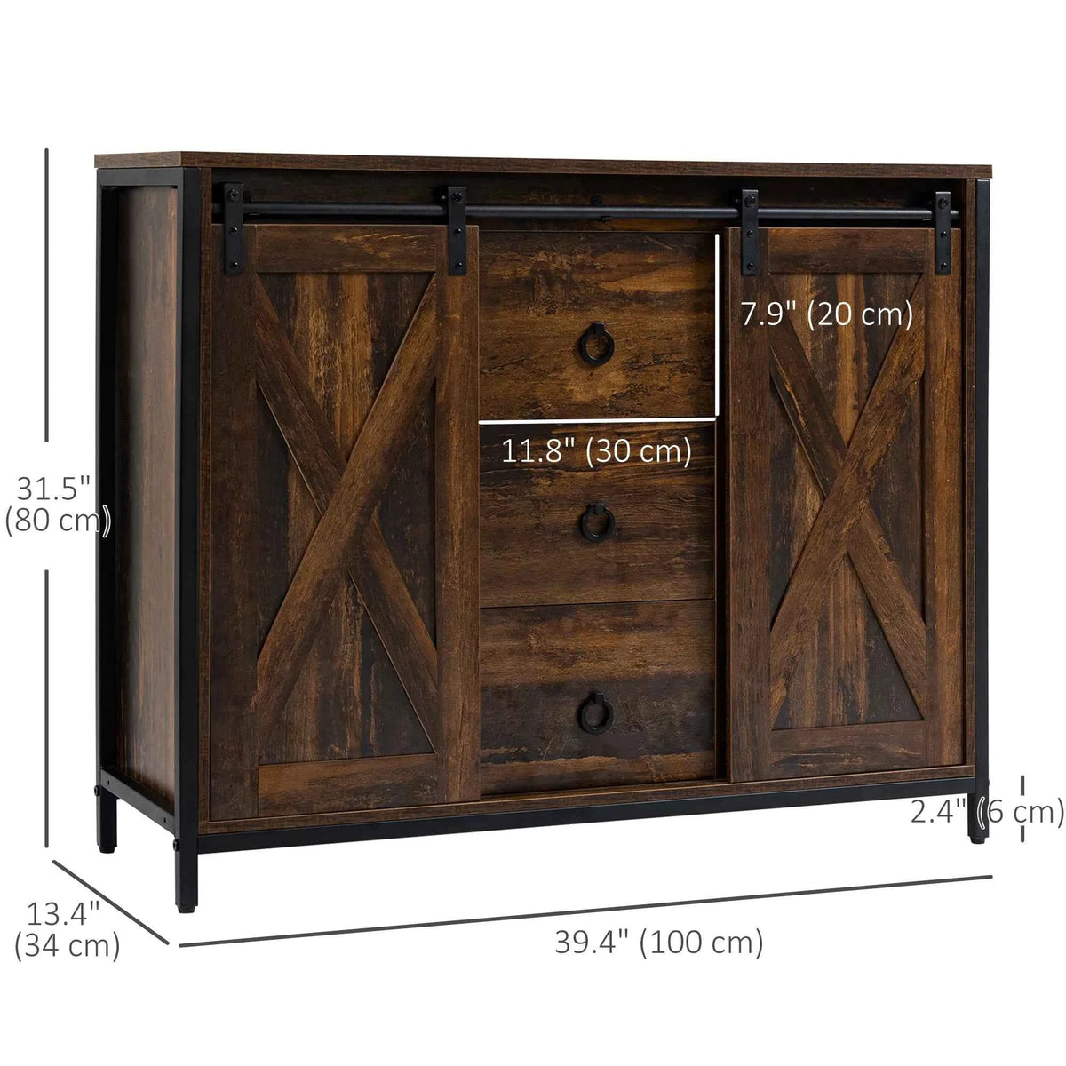 Industrial Rustic Brown Buffet Cabinet – Kitchen Sideboard with Sliding Barn Doors, 3 Drawers & Adjustable Shelves (United States & Canada Delivery Only)