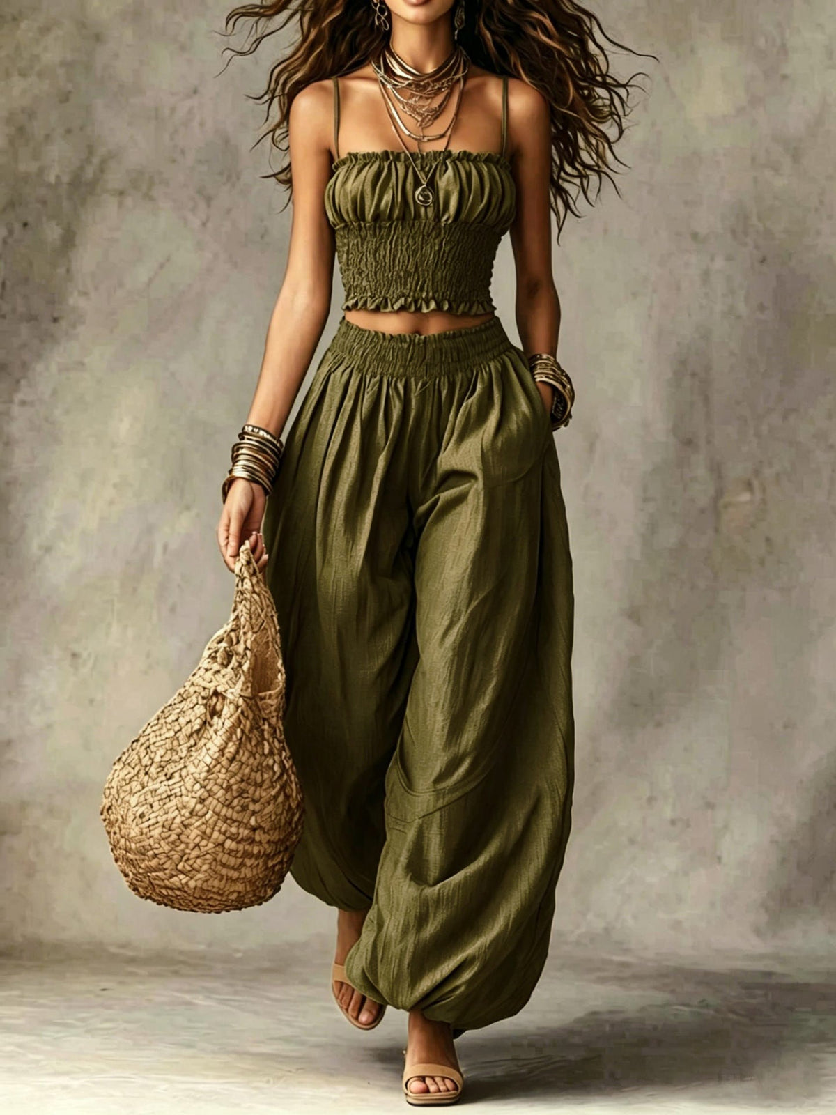 Women's Strapless Two Piece Set – Crop Top and Wide Leg Lantern Pants Outfit