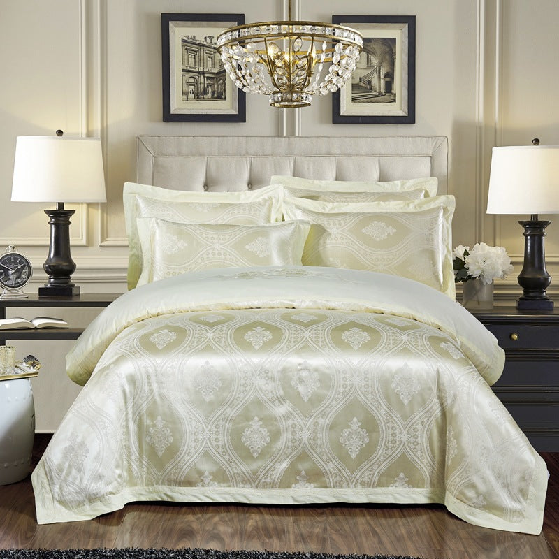 4-Piece Cotton Jacquard Bedding Set – Embroidered Floral Wedding Duvet Cover & Sheet Set
