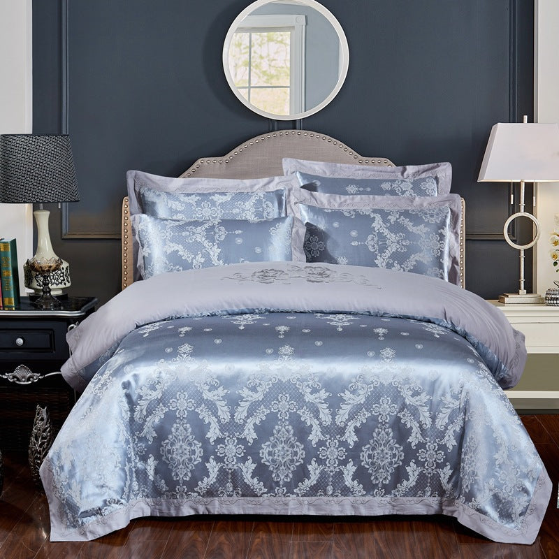 4-Piece Cotton Jacquard Bedding Set – Embroidered Floral Wedding Duvet Cover & Sheet Set