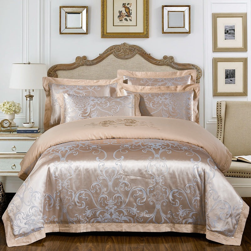 4-Piece Cotton Jacquard Bedding Set – Embroidered Floral Wedding Duvet Cover & Sheet Set
