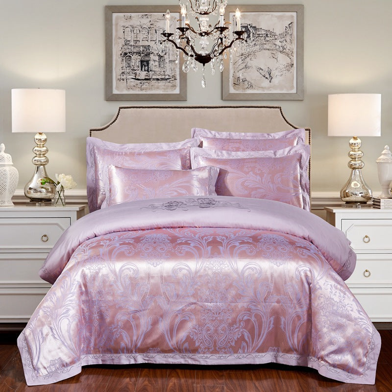 4-Piece Cotton Jacquard Bedding Set – Embroidered Floral Wedding Duvet Cover & Sheet Set