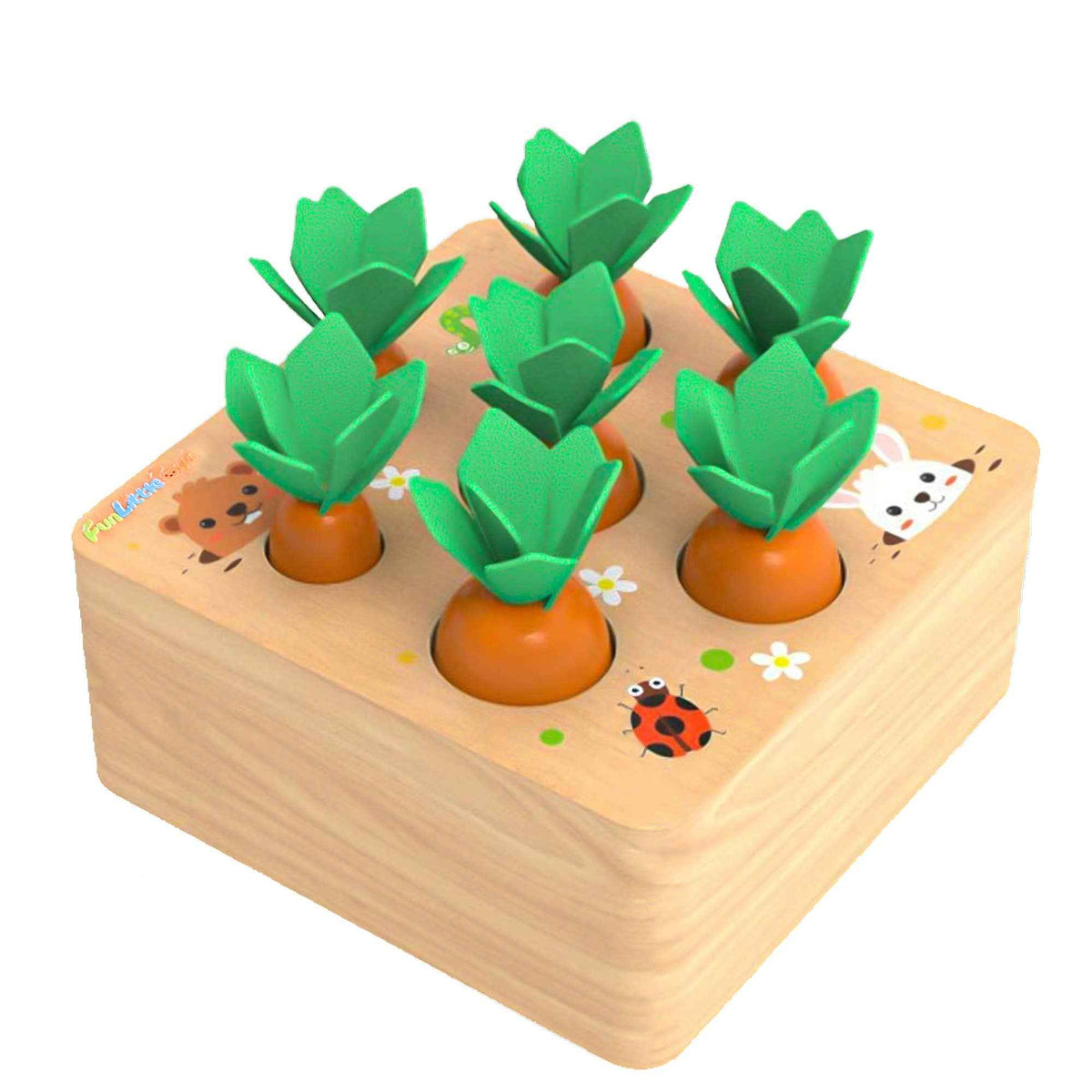 Fun Little Toys - Wooden Carrot Harvest Shape & Size Sorting Game - Ages 3+