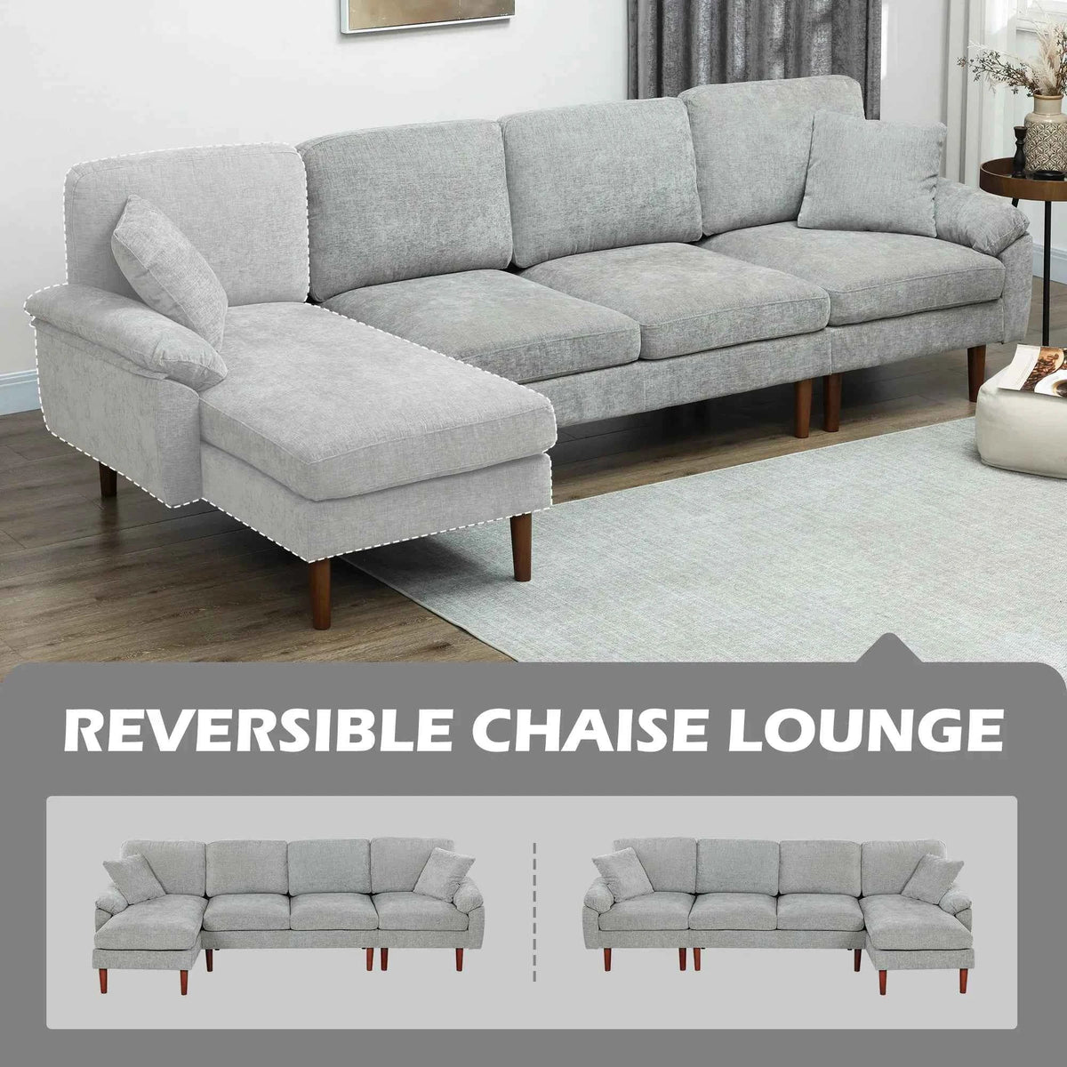Grey L-Shape Sectional Sofa – Modern Reversible Chaise Couch with Pillows & Wooden Legs (United States & Canada Delivery Only)