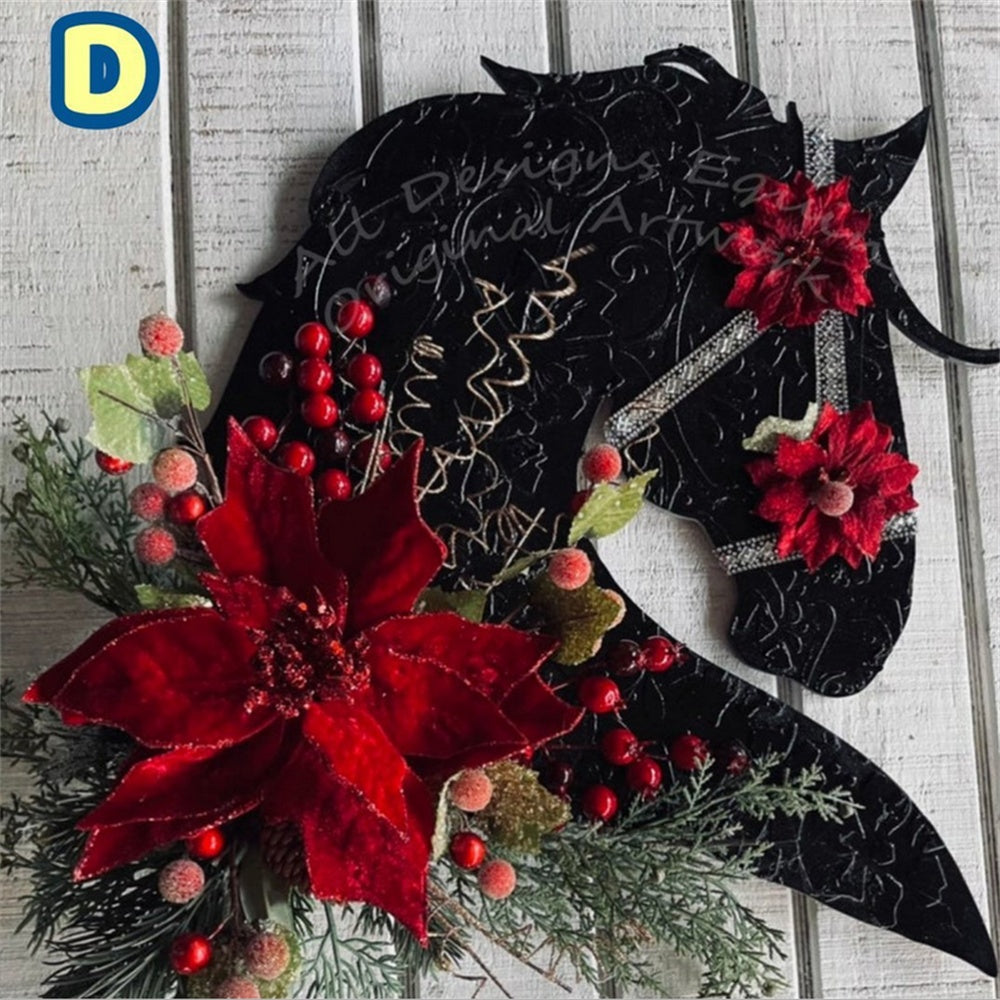 Horse Head Christmas Wreath, Artificial Door Hanging Decor with Balls & Pine Cones