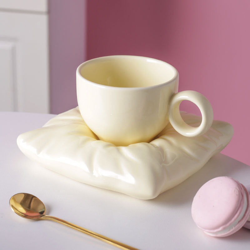 Nordic Ceramic Cup with Pillow Saucer Coaster, Creative Couple Coffee Tea Cup & Saucer Gift Set, 7 Colors