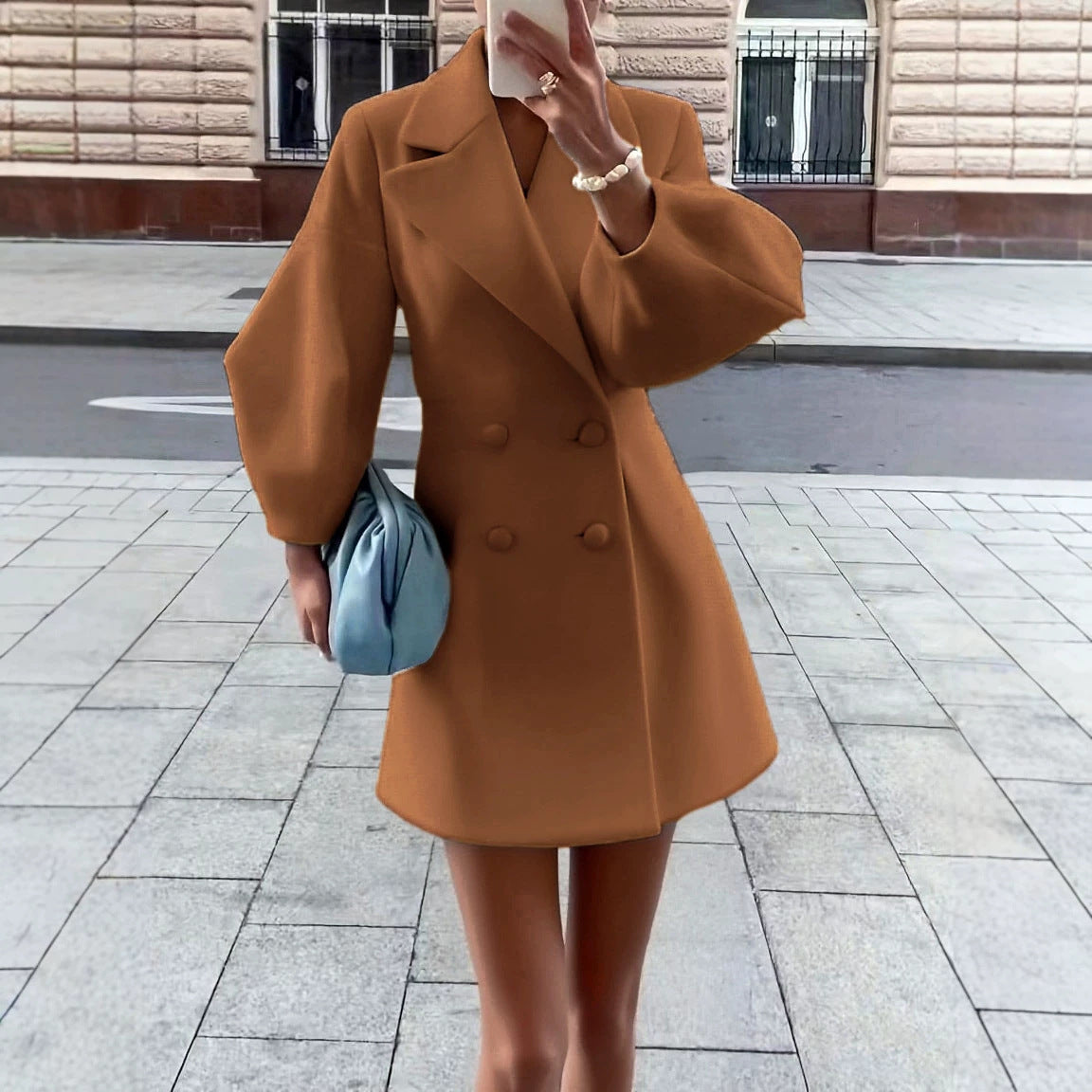 Women’s Retro Wool Coat – Puff Sleeve Double-Breasted Jacket with Large Lapel