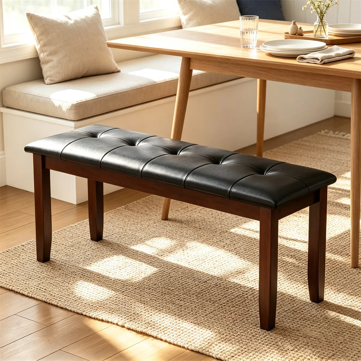 45.5 Inch PU Leather Padded Dining Bench, Solid Rubber Wood, Black and Brown (United States Delivery Only)