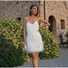 Women’s Sequin Feather Tassel Mini Dress – V-Neck Spaghetti Strap Evening Party Dress