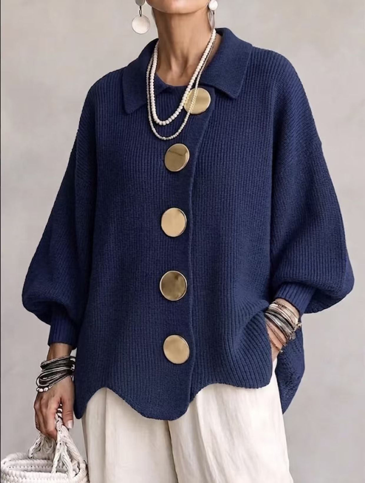 Women’s Button-Down Knit Cardigan – Lapel Collar Long-Sleeve Loose-Fit Fall & Winter Sweater