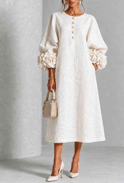 Women’s 3D Floral A-Line Dress – Puff Sleeve French-Style Party & Wedding Dress