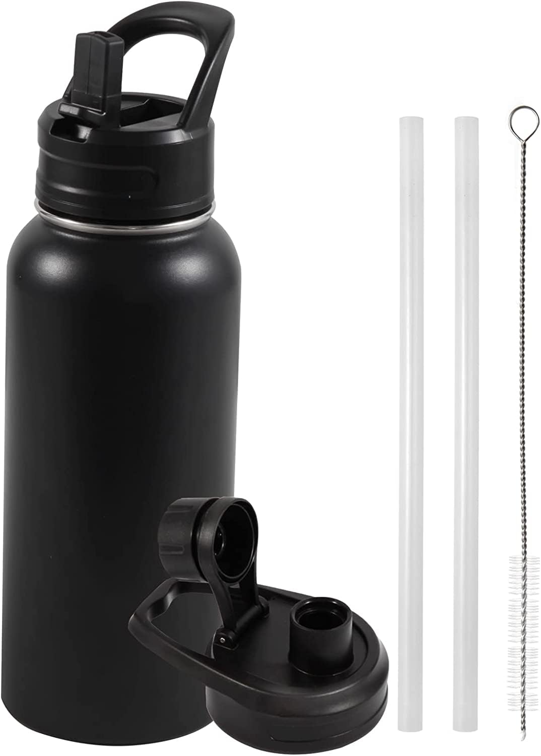 Insulated Water Bottle, 32oz Vacuum Stainless Steel Metal Sports Water Bottles with Stickers, Straw & Spout Lid (2 Lids), Double Walled to Keeps Hot and Cold, Leak Proof, BPA-Free, 32oz (Black) 🍁 All In One Marketplace Canada