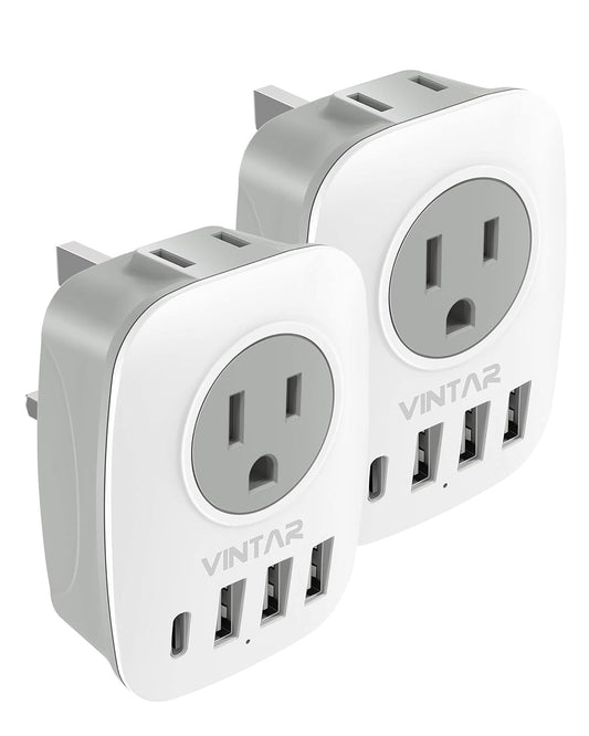 2 Pack UK Ireland Travel Plug Adapter, VINTAR Canada to UK Plug Adapter with 1 USB C, 2 American Outlets and 3 USB Ports, 6 in 1 International Power Adapter for England Singapore Hongkong（Type G） 🍁 All In One Marketplace Canada