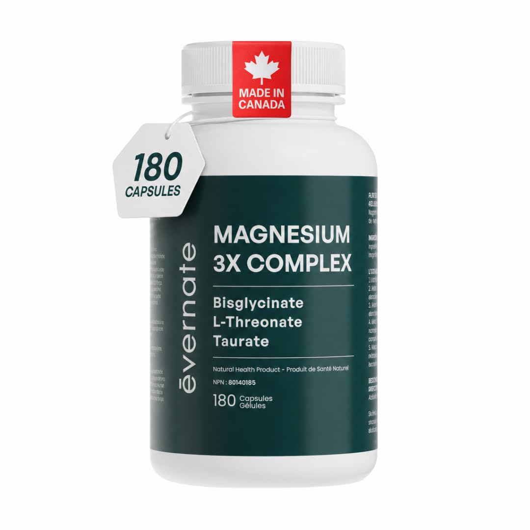 ALL-IN-ONE Magnesium Complex – Magnesium Glycinate (Bisglycinate) Chelated, L-Threonate & Taurate (200mg Elemental per Daily Dose) – Sleep, Stress, Muscle & Heart Support – High Absorption Magnesium Supplement – 180 Vegan Capsules – Made in Canada
