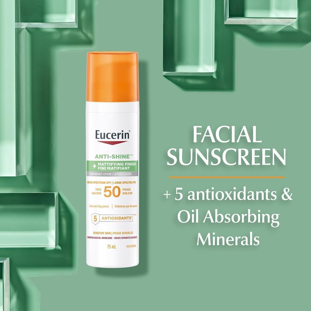 Eucerin Sun Anti-Shine Control Face Sunscreen SPF 50, Daily Face Sunscreen SPF 50 with 5 Antioxidants, Mattifying Body SPF 50 Lotion with UVA-UVB Sun Protection, Ideal for oily and acne prone skin, Fragrance Free & Non Greasy, 75 ml Pump