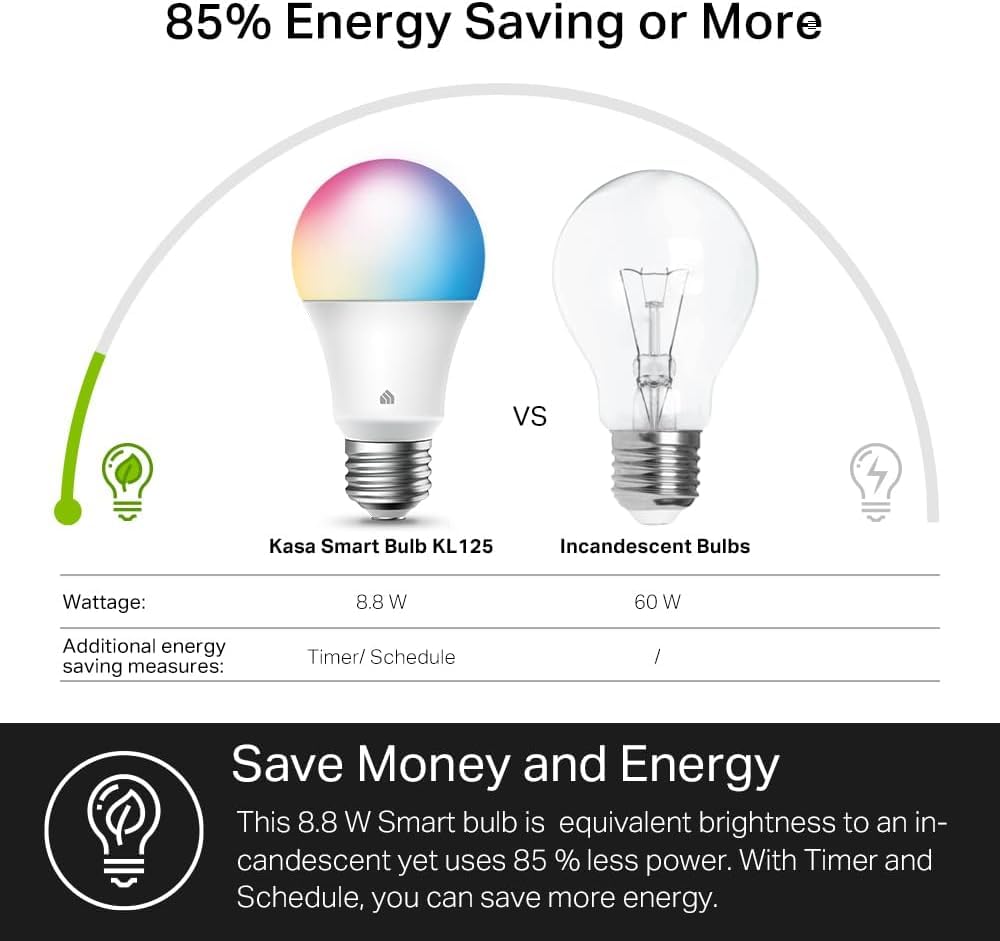 Kasa Smart Light Bulbs, Full Colour Changing Dimmable Smart WiFi Bulbs Compatible with Alexa and Google Home, A19, 9W 800 Lumens,2.4Ghz only, No Hub Required, 2-Pack (KL125P2), Multicolour 🍁 All In One Marketplace Canada