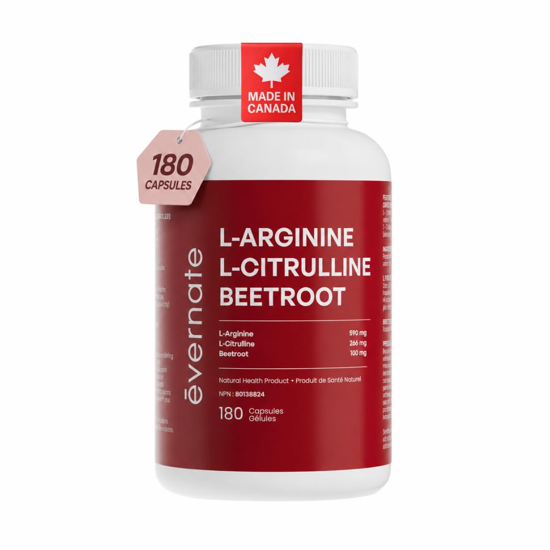 ALL-IN-ONE Nitric Oxide Complex – L-Arginine 590 mg with L-Citrulline 266 mg & Beetroot (Per Serving: 2 Capsules) – 3-in-1 Nitric Oxide, Circulation & Energy Support – 180 Vegan Capsules – Made in Canada 🍁 All In One Marketplace Canada