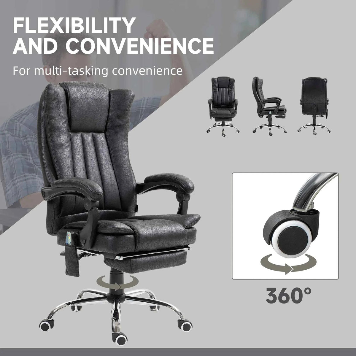 Black 6-Point Vibration Massage Office Chair – Microfiber Recliner with Retractable Footrest (United States & Canada Delivery Only)
