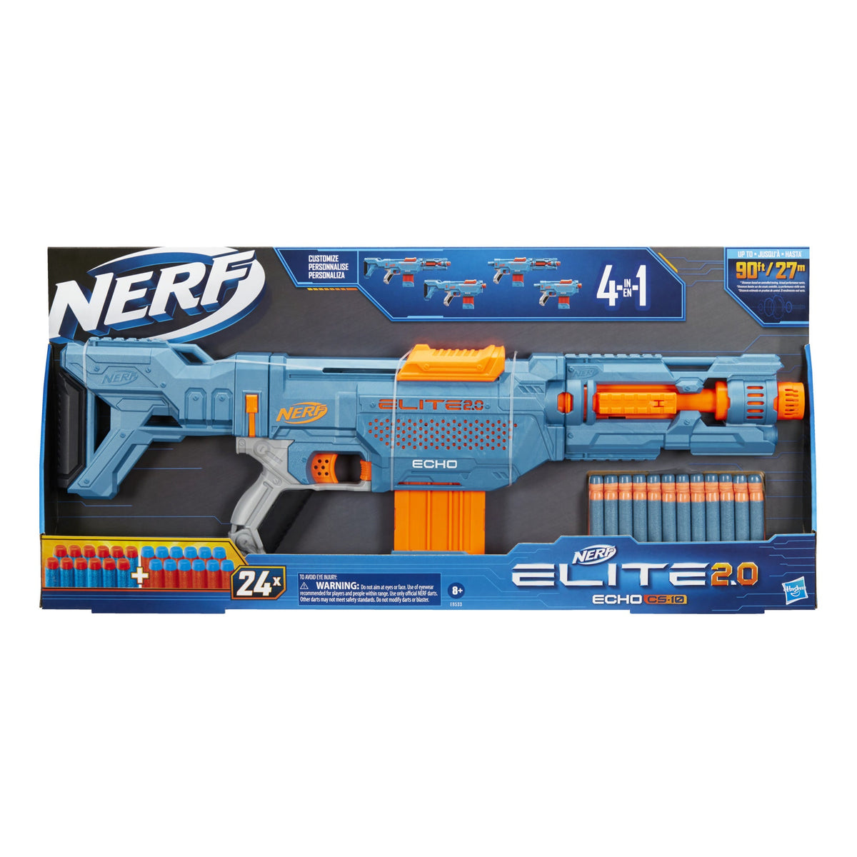 Hasbro Nerf Elite 2.0 Echo CS-10 Blaster, 24 Nerf Darts, 10-Dart Clip, Removable Stock and Barrel Extension, 4 Tactical Rails