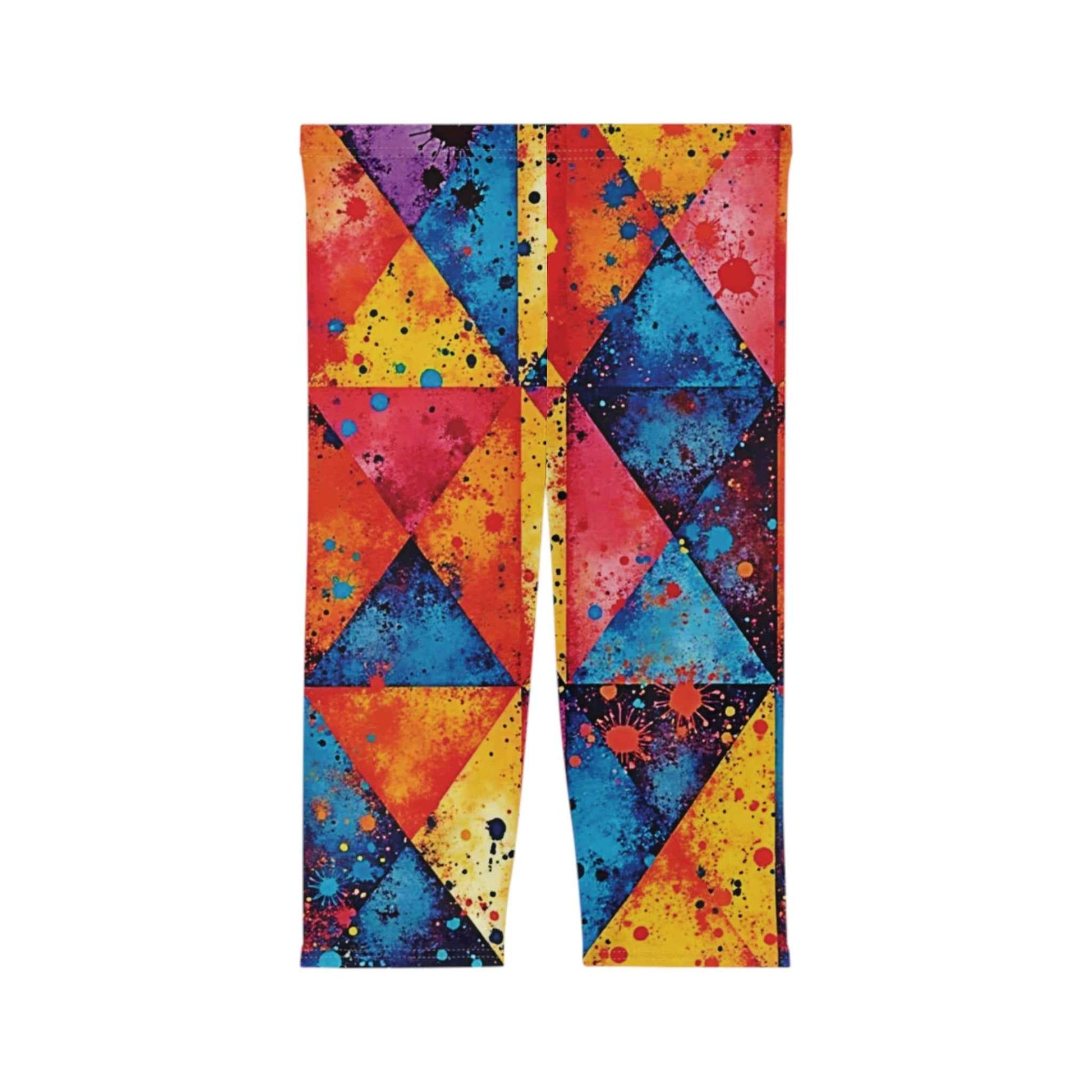 Colorful Geometric Splash Capri Leggings — Vibrant Triangle All-Over Print