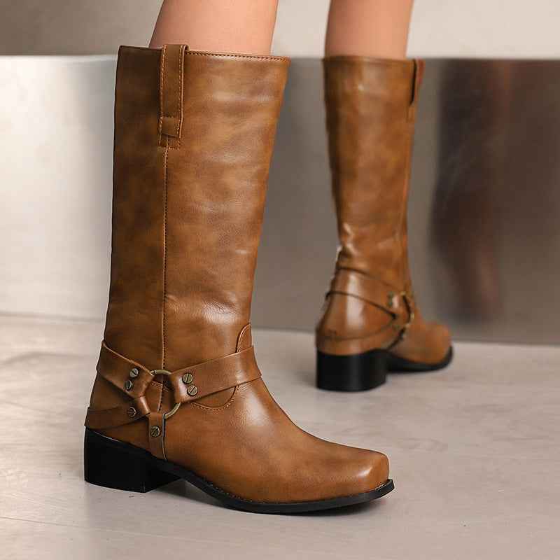 Women’s Square Toe Mid-Calf Boots – Stylish Suede Denim Boots for Fall & Winter