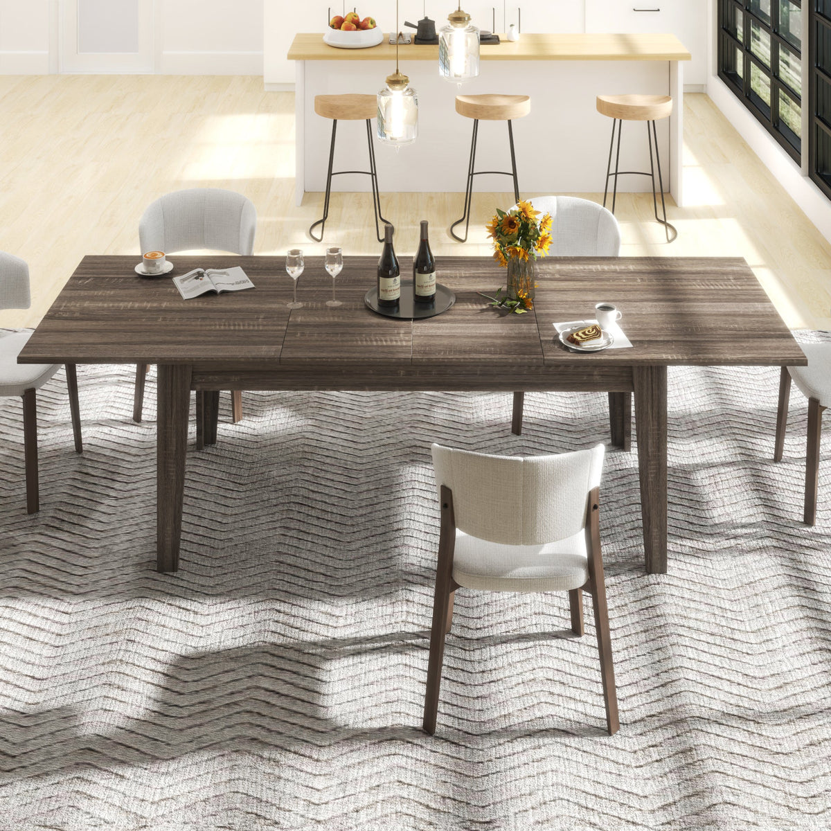 Extendable Dining Table, 63 to 106.3 Inch Large Rectangular Kitchen Table, Dark Oak (United States Delivery Only)