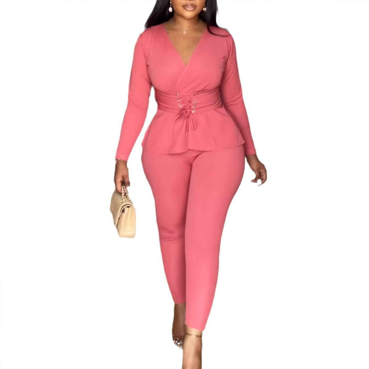 Women's V-Neck Two Piece Set – Long Sleeve Top and Pants Elegant Workwear Outfit
