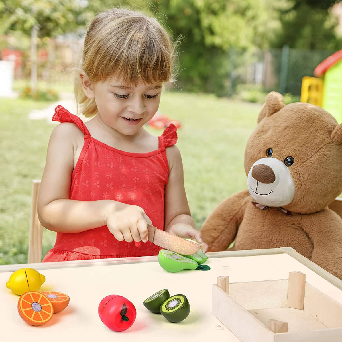 Fun Little Toys - 11 Pcs Wooden Pretend-Play Fruit Cutting Set - Ages 3+