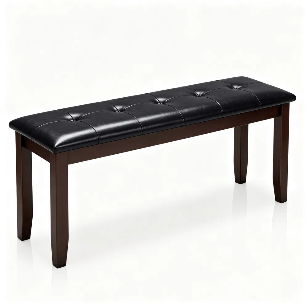 45.5 Inch PU Leather Padded Dining Bench, Solid Rubber Wood, Black and Brown (United States Delivery Only)