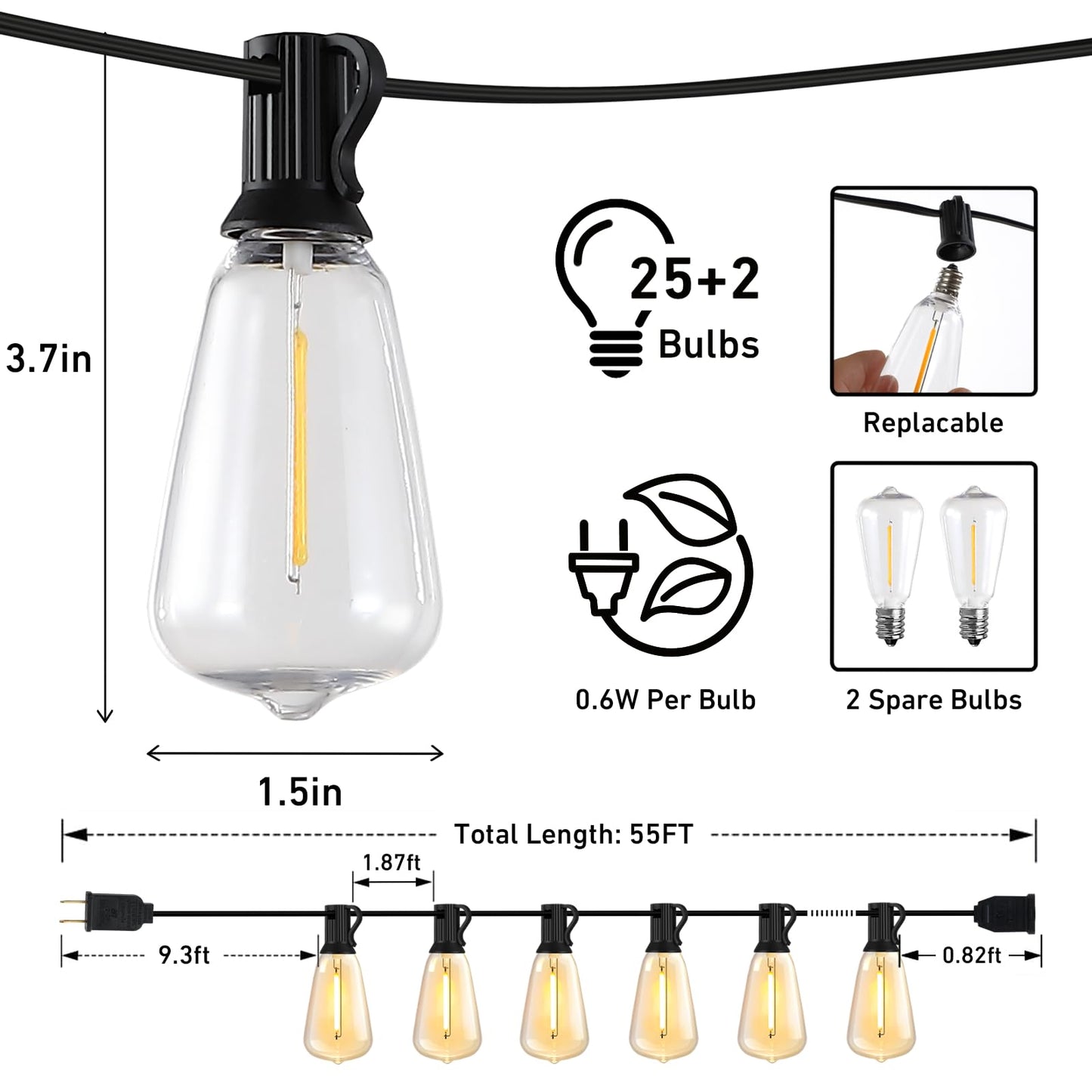55FT Outdoor String Lights with 27 Shatterproof LED Edison Bulbs (2 Spares), Waterproof ST38 Patio Lights Dimmable, Connectable Hanging Outdoor Lights for House Backyard Garden, 2700K 🍁 All In One Marketplace Canada