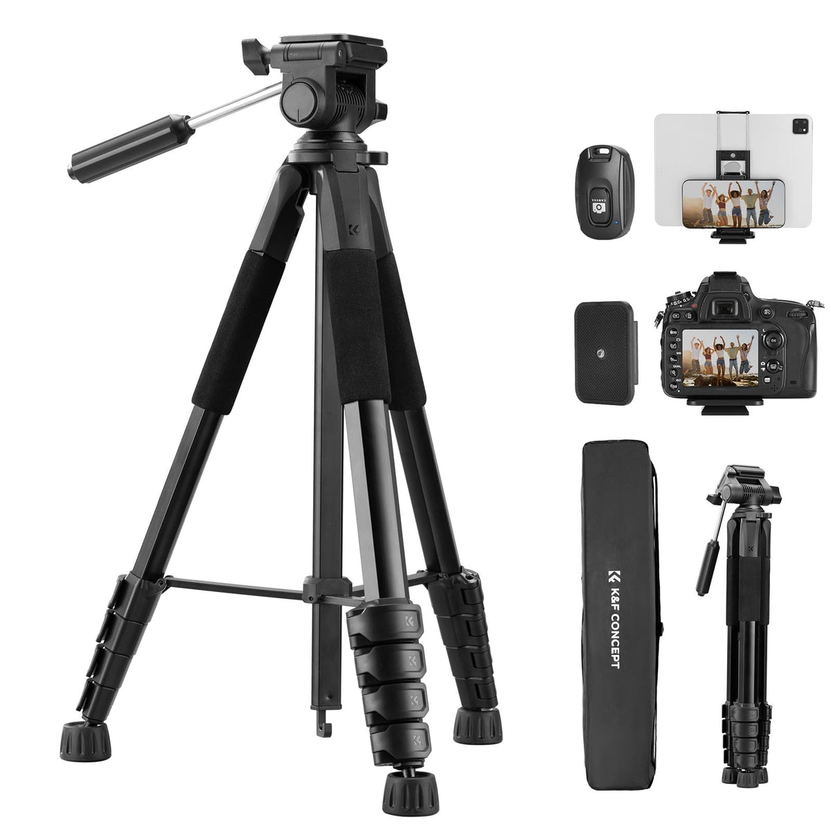 K&F CONCEPT 75" Lightweight Tripod, Camera Compact Tripod with Remote and 2-in-1 Phone Holder,Travel Phone Tripod with Removable 3-Way Pan Head for Selfie/Video Recording/Photo/Live Stream/Vlog 🍁 All In One Marketplace Canada