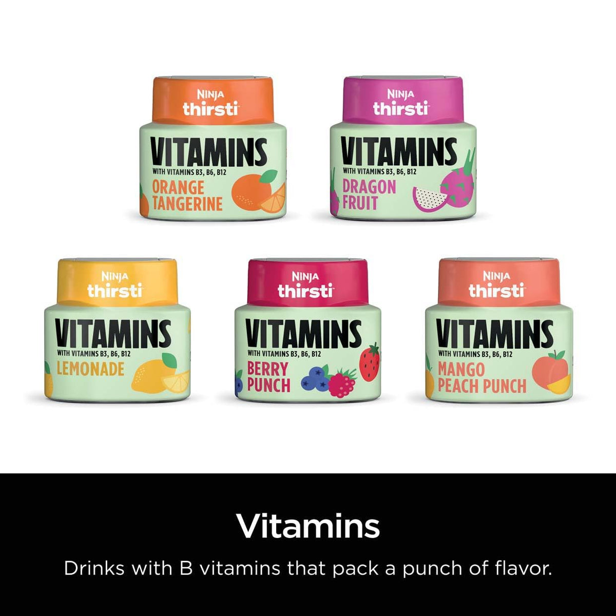 Ninja Thirsti VITAMINS Lemonade Flavoured Water Drops with Vitamins B3, B6, B12 and 0 calories*, 0 sugar* (*per 12oz classic serving) . Turn water into refreshing fruit-flavoured sparkling or still drinks with Ninja Thirsti Vitamins Flavoured Water Drops,