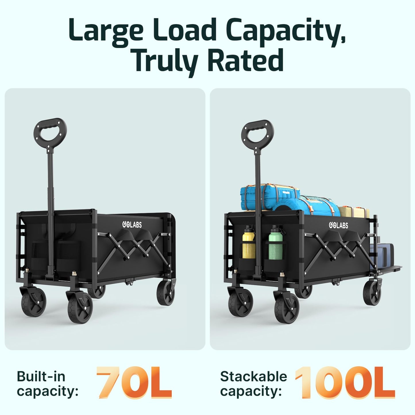 Golabs Collapsible Wagon Cart Max 350lb Load & Expandable Storage 100L, Double Bearing Design for Flexible Steering, Foldable Heavy Duty Garden Cart with 2 Cup Holders for Groceries, Garden & Camping 🍁 All In One Marketplace Canada