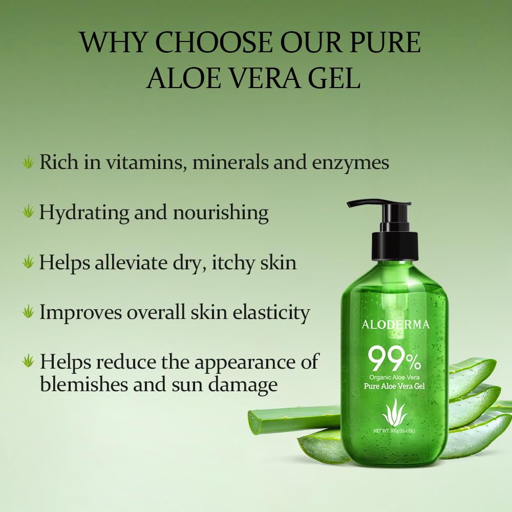 Aloderma 99% Organic Aloe Vera Gel for Skin Made within 12 Hours of Harvest, Non-Sticky Aloe Vera Gel for Sunburn Relief, Natural, Soothing Hydrating Aloe Vera for Face & Hair, Lightweight Gel, 10.6oz 🍁 All In One Marketplace Canada