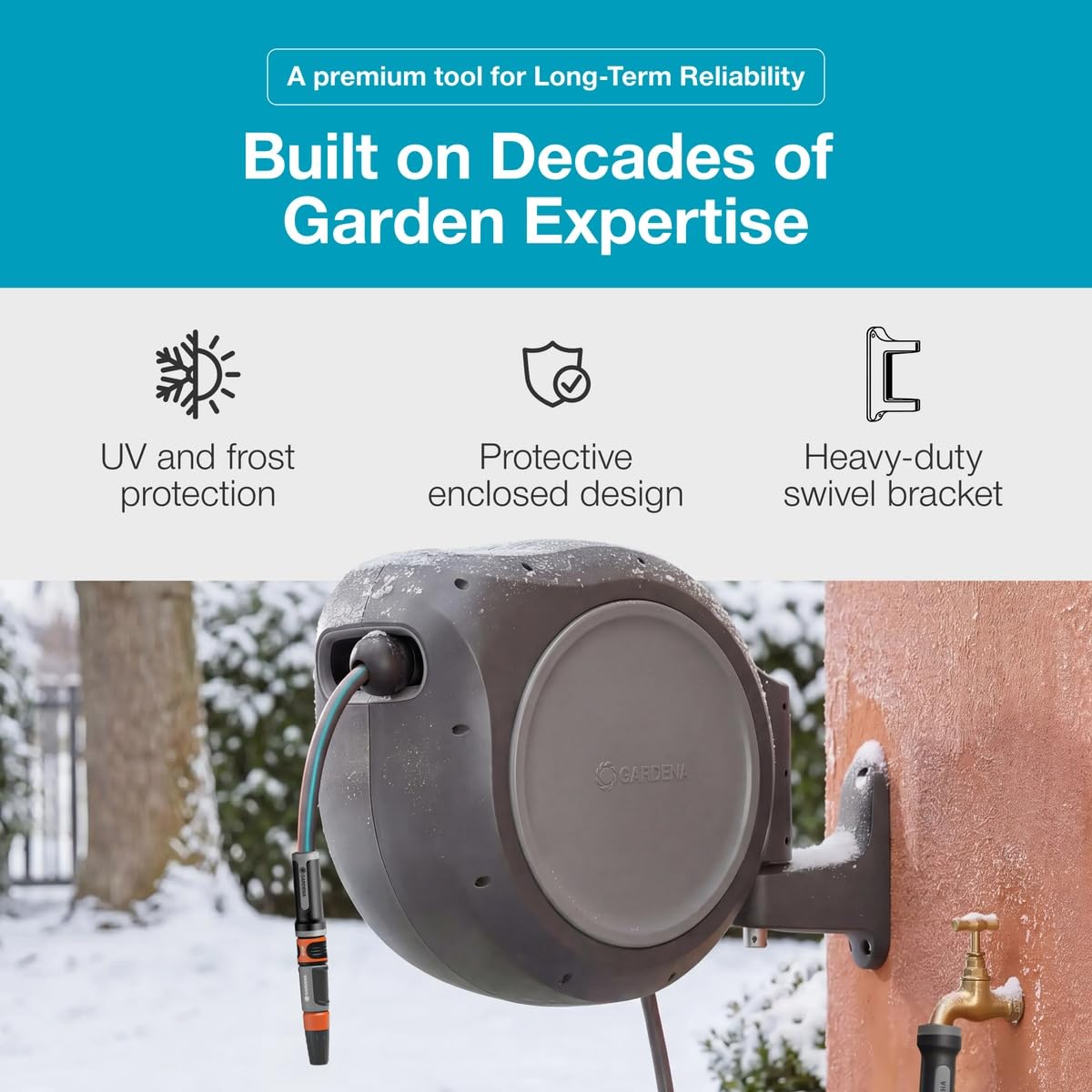 GARDENA 20502-80, Retractable Garden Hose Reel 75' x 1/2" Hose, Wall Mounted, Automatic Retraction & Length Lock for Easy Watering. Heavy Duty Swivel Bracket 180°, Includes Nozzle. Made in Europe 🍁 All In One Marketplace Canada