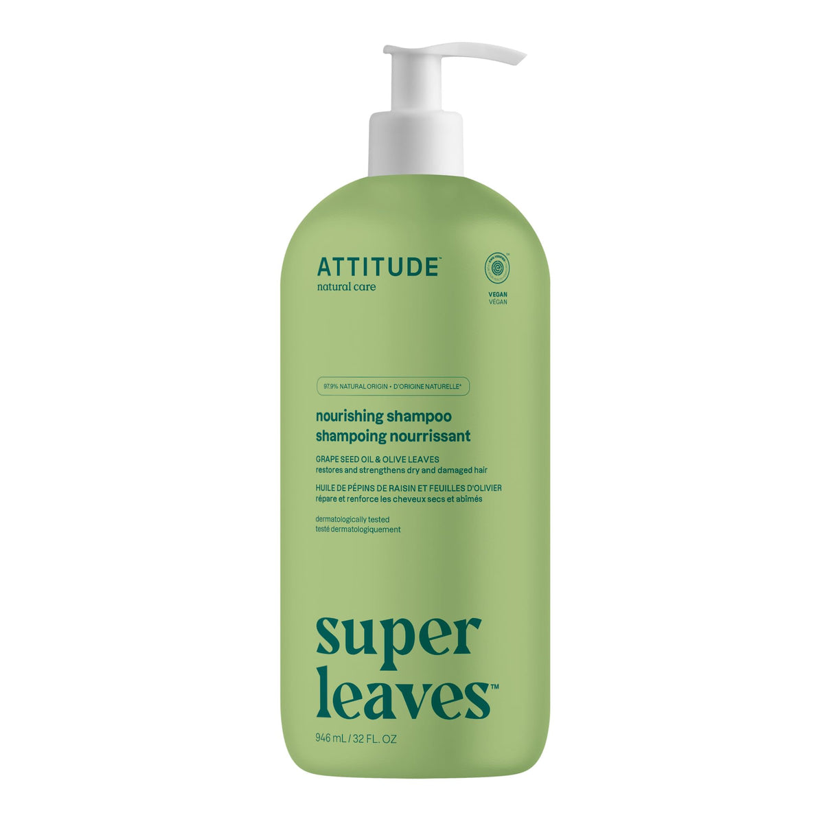ATTITUDE Nourishing Hair Shampoo, Made in Canada, EWG Verified, For Dry and Damaged Hair, Naturally Derived Ingredients, Vegan and Plant Based, Grapeseed Oil and Olive Leaves, 946 mL 🍁 All In One Marketplace Canada